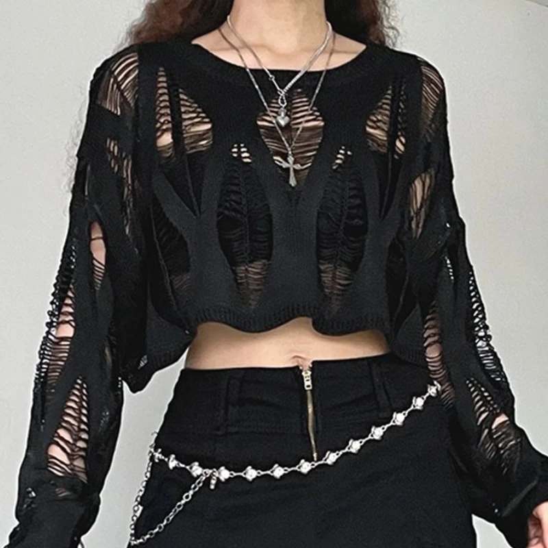 Hollow Out Pullovers Women Black Autumn Streetwear Personality Casual Loose Korean Style Fashion Solid Sexy Knitwear New Grunge