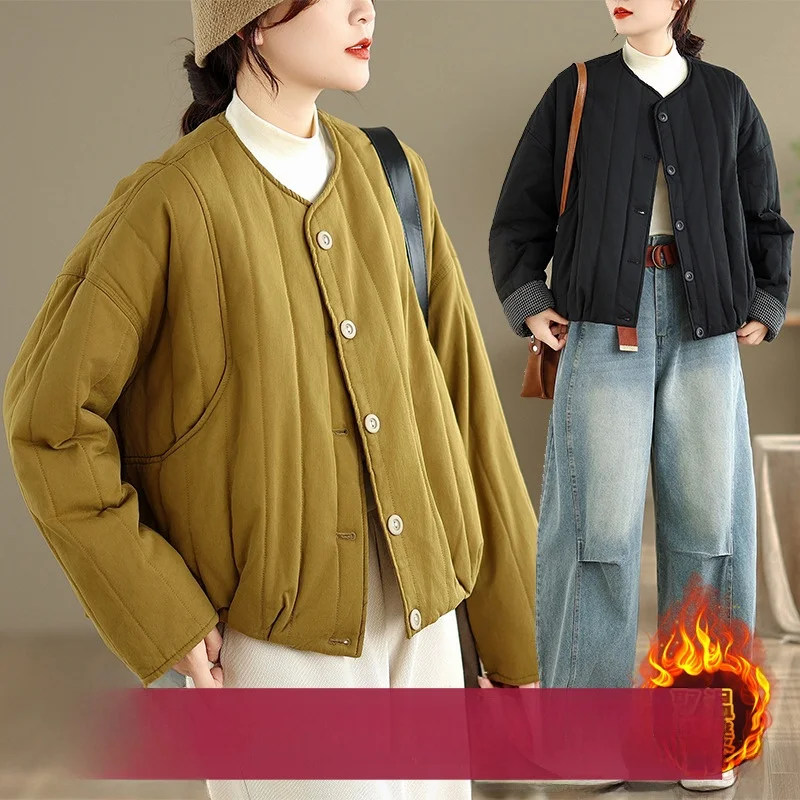 

Winter Thiened Casual Artistic Large Size Loose Women's Cotton Jaet Good Quali Faionable Sle Long Sve round Ne