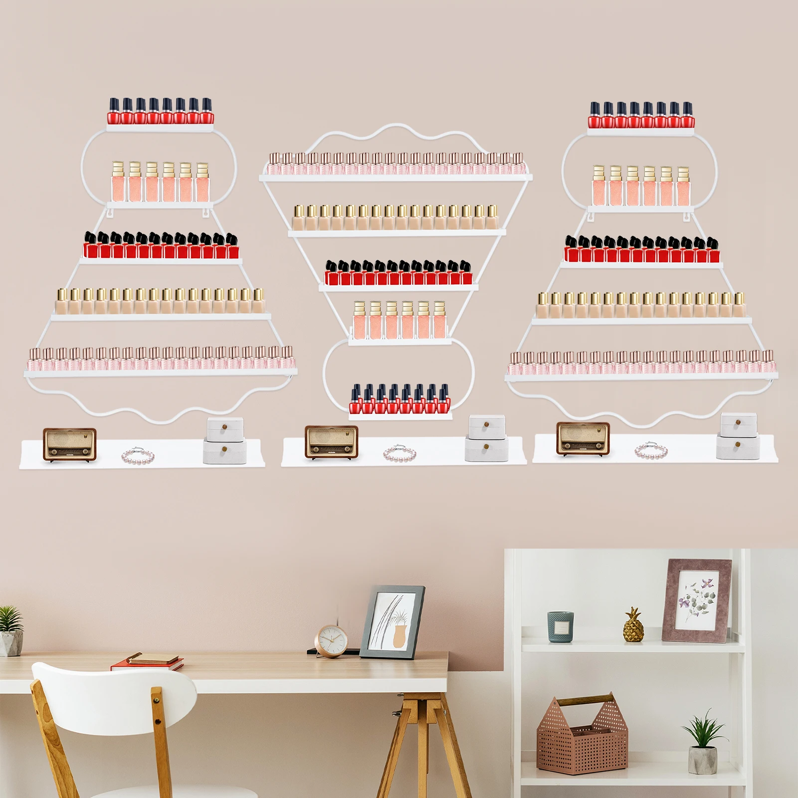 Branco 6 pçs fixado na parede cremalheiras de esmalte de ferro prateleiras de esmalte badminton rack de exibição para loja de beleza