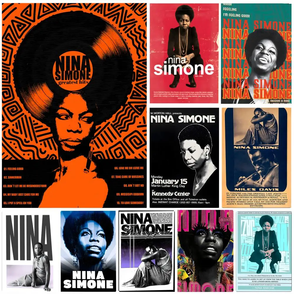 Affiche autocollante de la musicienne Nina Simone, autocollant en papier imperméable, décoration murale pour café, bar, chambre