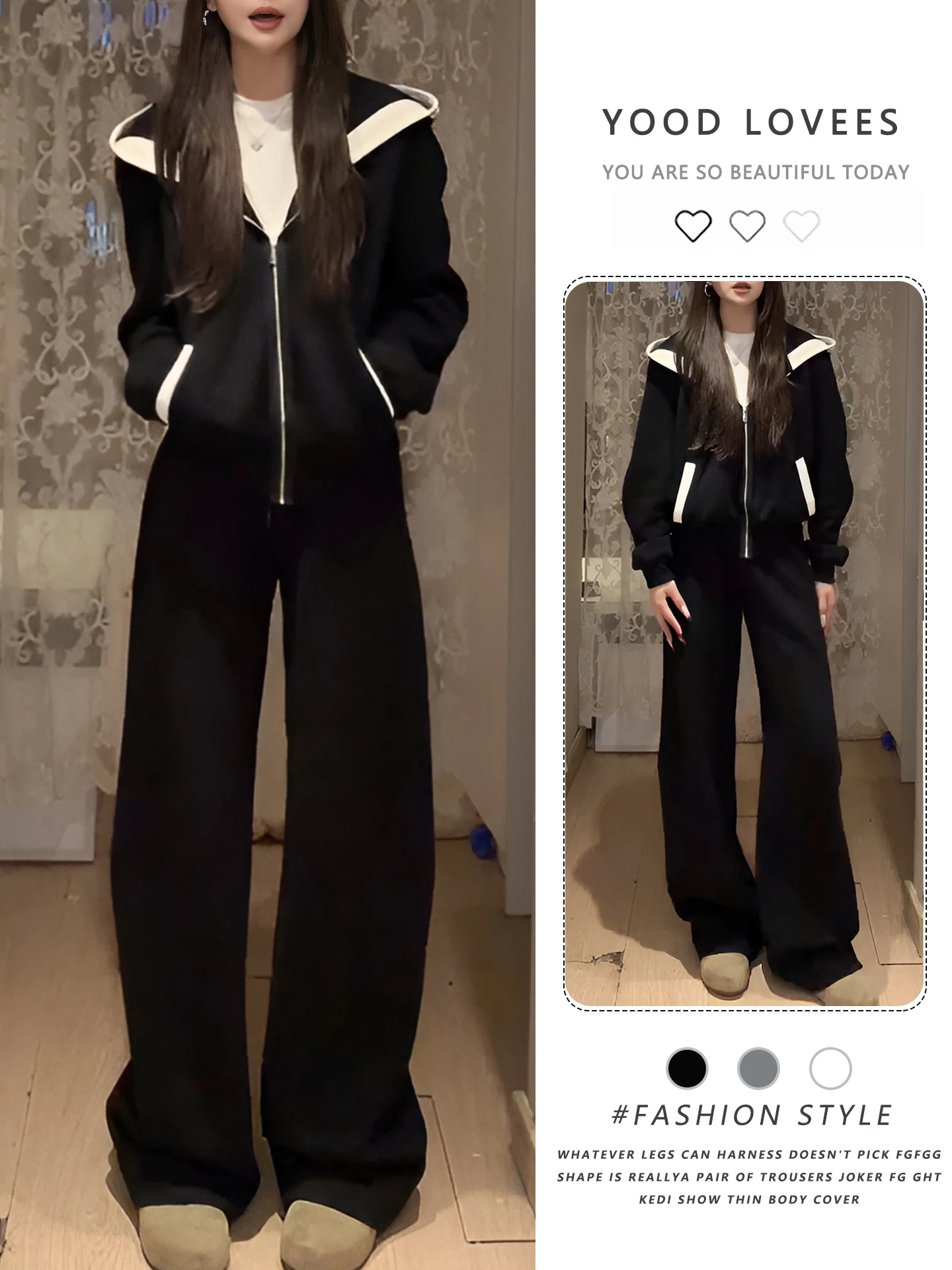 

Fashionable Korean Lazy Style Patchwork Casual Hooded Zipper Top Women's Spring Autumn New Wide Leg Pants Two Piece Set