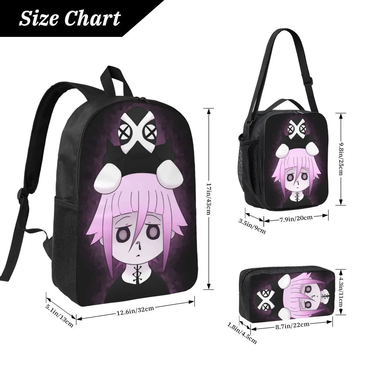 Crona And Ragnarok Soul Eater Backpack Student Boys Girls BookBag School Bag Shoulder Bags 3ps Insulated Lunch Bag Pencil Case