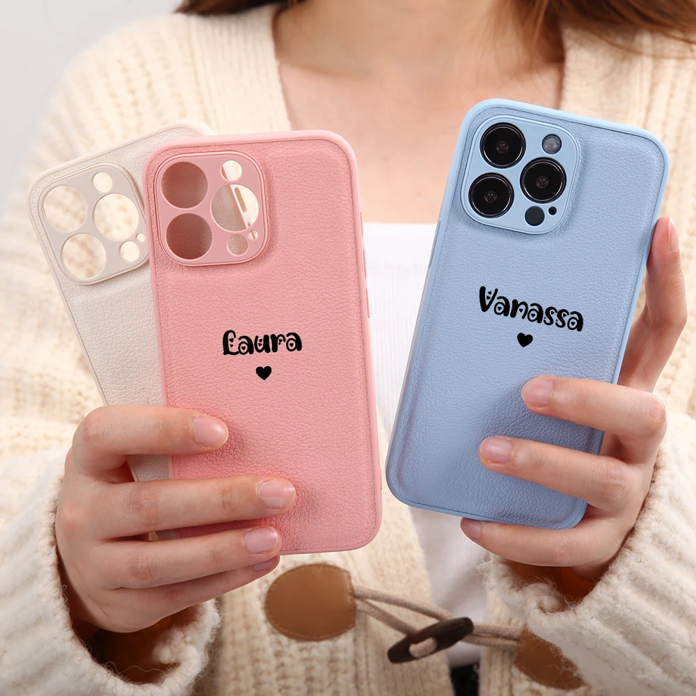 Caso de telefone personalizado do plutônio do couro do coração do nome personalizado para o iphone 13 12 11 pro max x xs xr 7 8 plus luxo macio capa traseira lisa