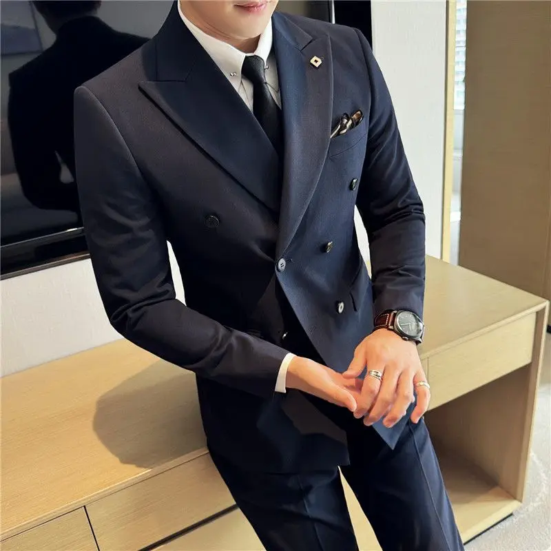 

2025 New Spring Summer Suit Set Men Double Breasted Blazer Slim Fit Casual Stylish British Style Trendy Outerwear Tops