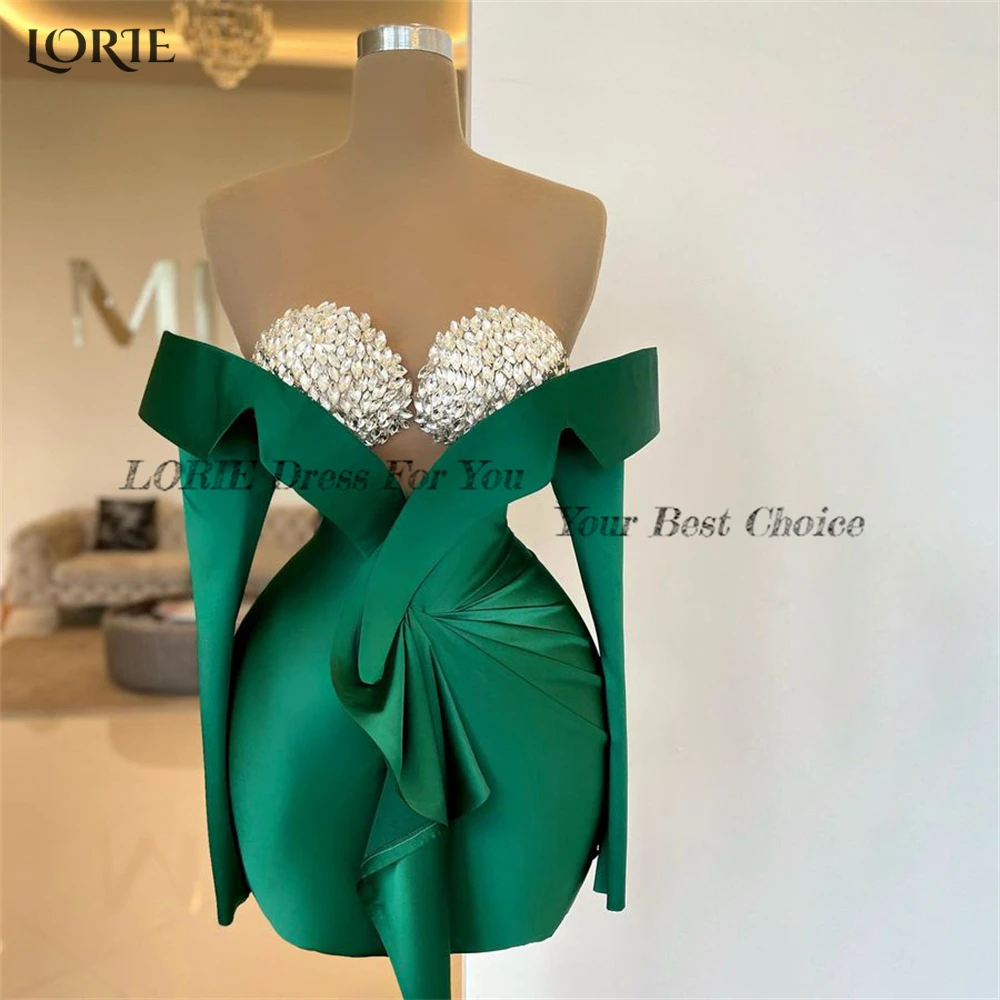 LORIE Sexy Glitter Cocktail Party Gowns Mini Off Shoulder Pleated Ruffles Evening Dresses Pageant Mini Knee Length Prom Dress