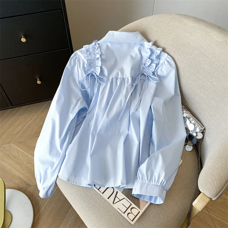 المرأة الأزرق تقسم مقوس دانتيل قميص 2000s الجمالية الحلو Y2k Harajuku الكورية بسيطة وعصرية نمط فضفاض قميص