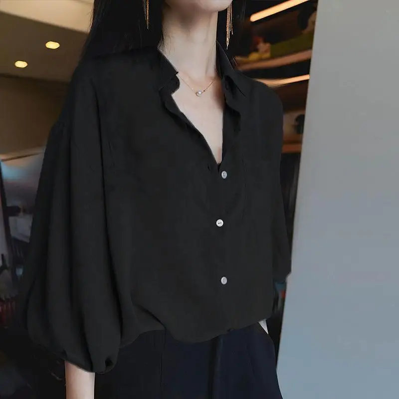 Women Summer Korean Vintage Loose Solid Color Polo-Neck 3/4 Sleeve Chiffon Shirts Ladies Casual All-match Appear Thin Thin Tops