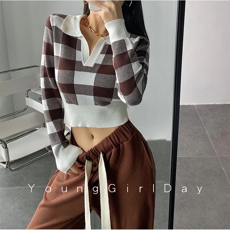 Plaid Lapel Short Knit Pullovers Women Spring Fall American Casual Slim Long Sleeve Sweaters Tops 4 Colors