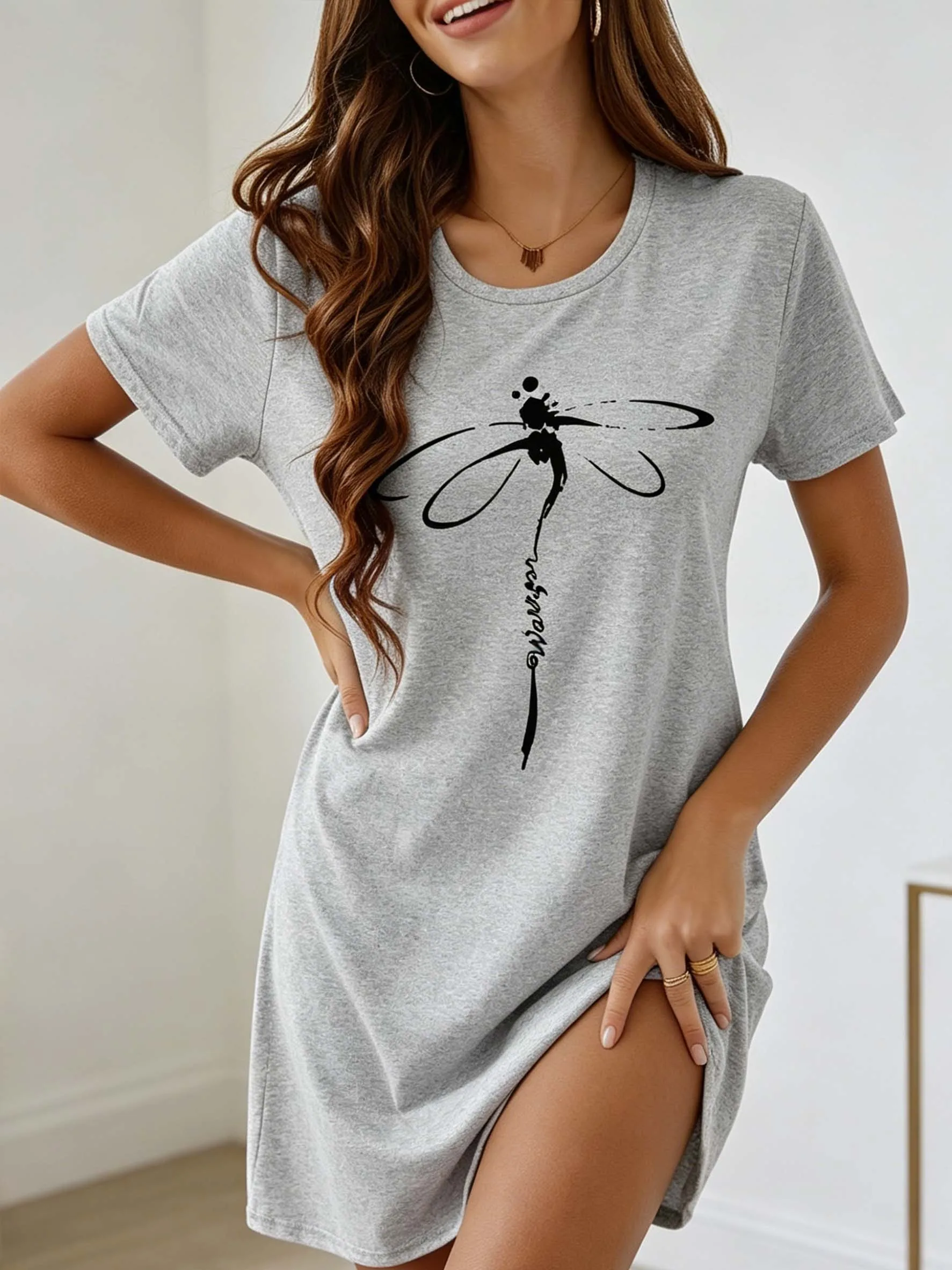 Lässiges Kurzarm-Nachthemd mit Libellen-Print für Damen, Modische Sommer-Heimkleidung, Auch für Draußen Tragbar – Detail 6