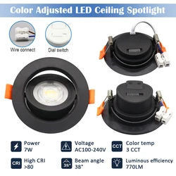 8pcs LED ceiling spotlight 90° Adjustable angle AC 220V 110V dial switch Tricolor dimming embedded Downlight for Bedroom home