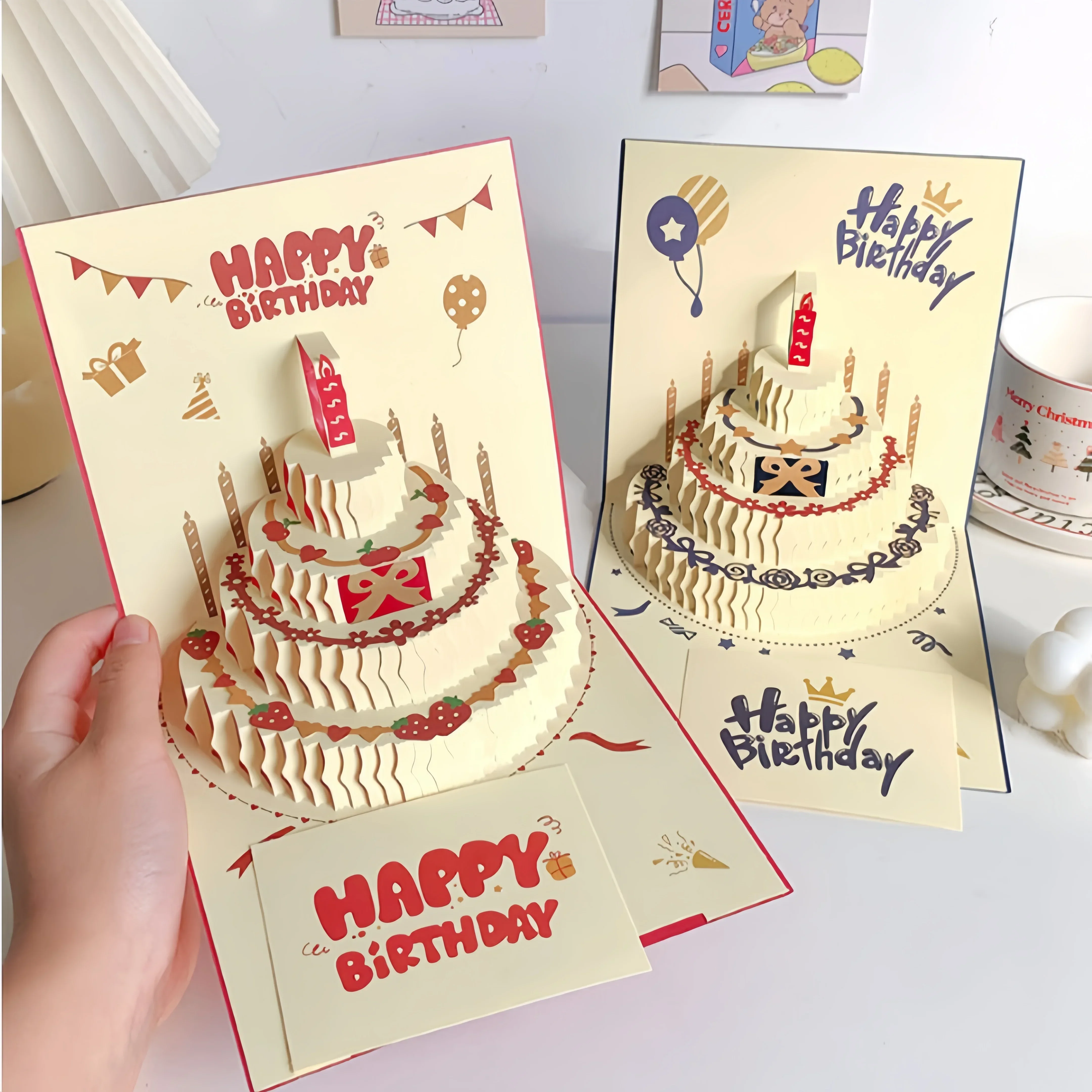 3D-Karte „Happy Birthday“, Weihnachtsgeschenkkarte, Geburtstagskuchen, Pop-Up-Gruß mit Umschlag, Weihnachts-Einladungskarten