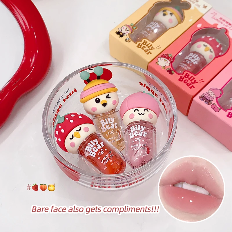 Bily Bear Cute Cartoon Doll Lip Care Oil Hydrating Plumping Lip Gloss Repair Dry Peeling Lips Clear Moisturizing Lip Serum Long