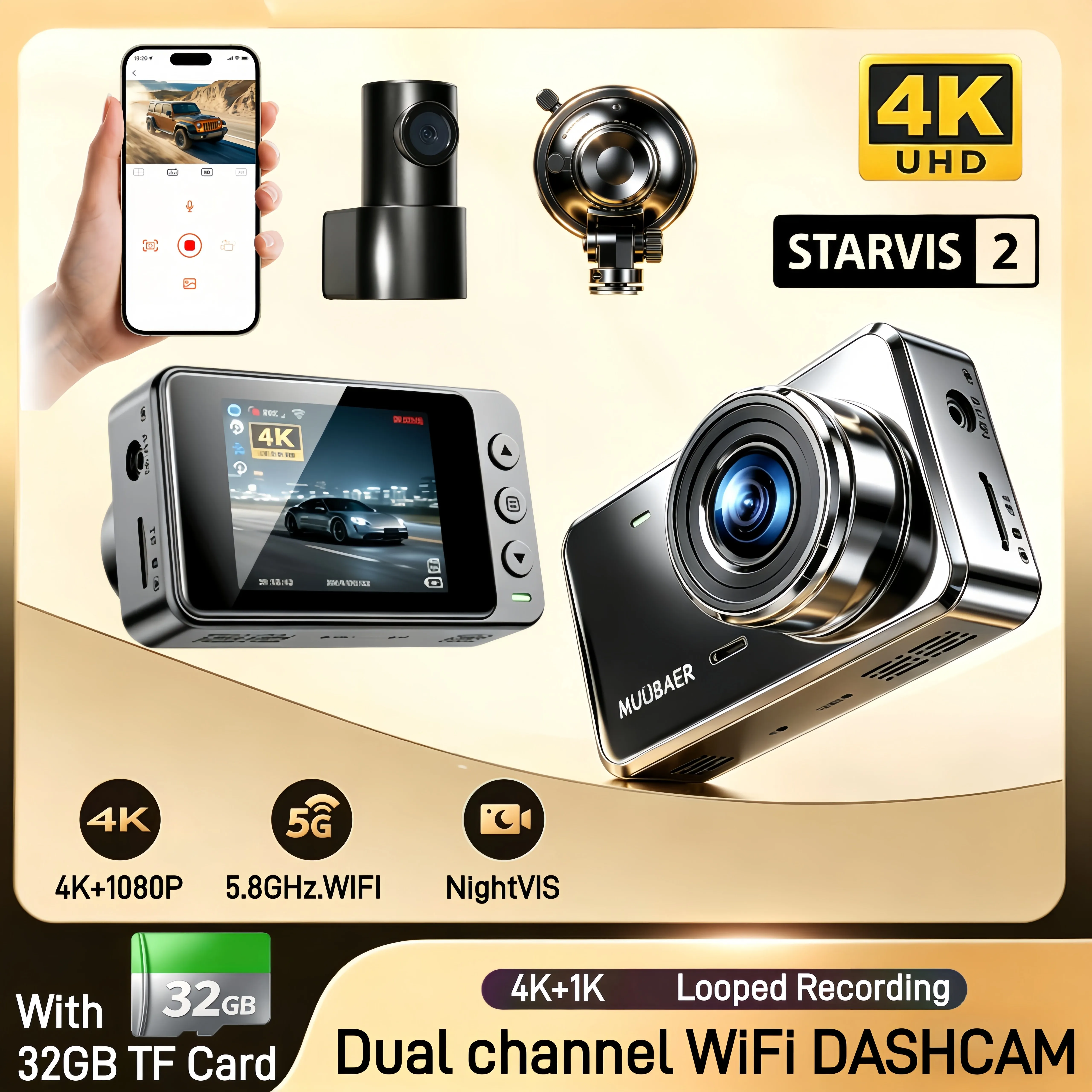 

Dash Cam Front and Rear, 4K+1080P Dual Dash Camera for Cars, 2.0'' Display Mini Car Camera, With 5.8GHz.WiFi G-Sensor Dashcam, Night Vision, 24H Parking Mode, Loop Recording, 170°Wide Angle