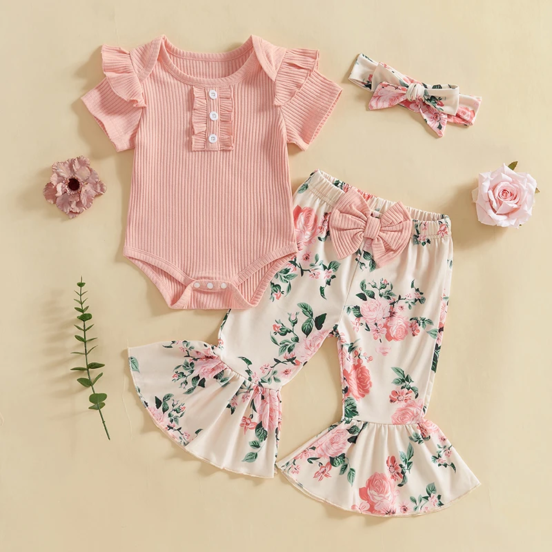 Toddler Girls 3 Piece Outfit Set Ruffle Sleeve Bodysuit Floral Bell Bottom Pants Headband Set for Baby Girl