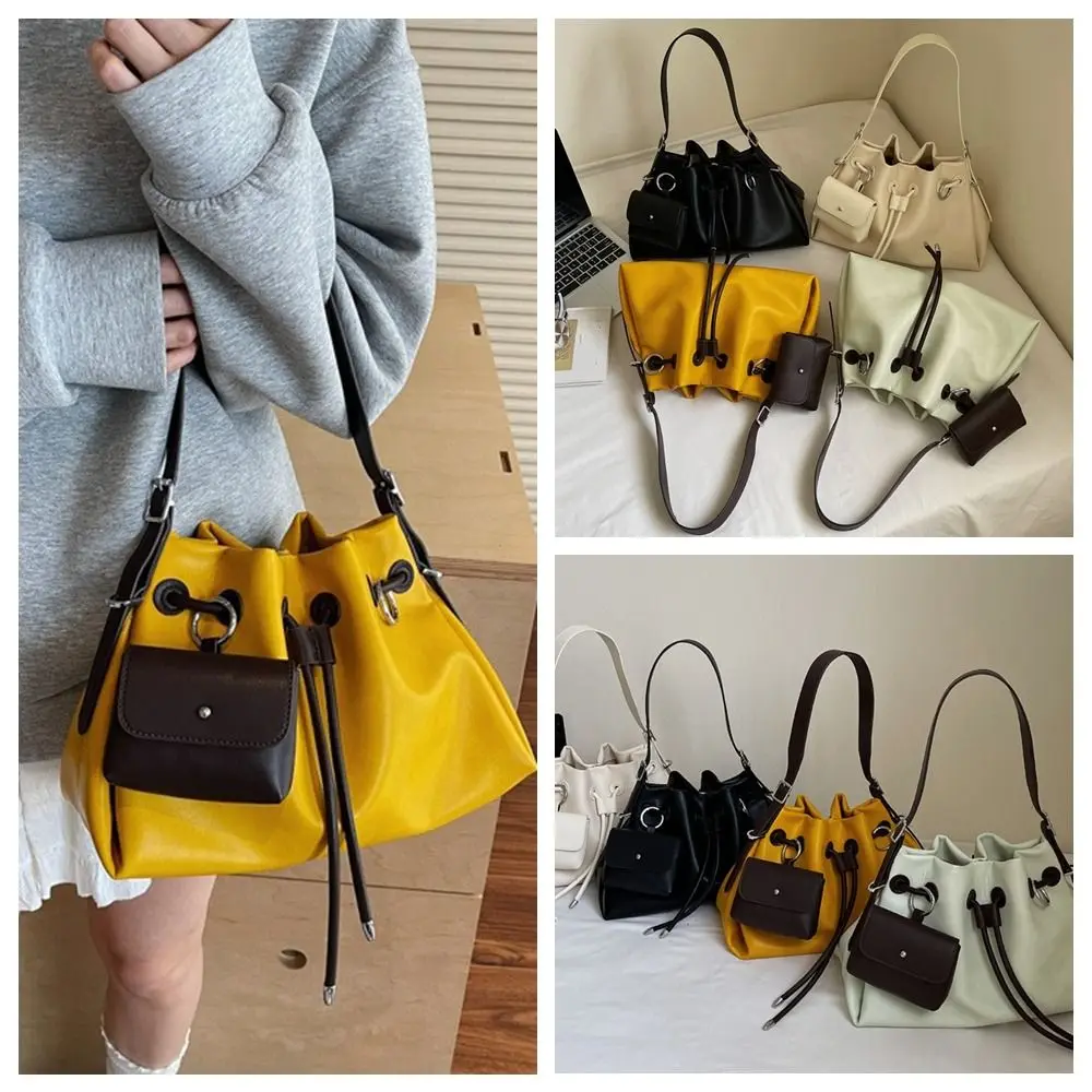 

Casual Korean Style Drawstring Bucket Bag Handbag Cylindrical Pu Shoulder Bag Solid Color Handheld Crossbody Bag Girls