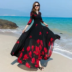 2024 Summer New Sexy Korean Version V-Neck Printed Chiffon Dress Women Waist-Length Temperament Big Swing Thin Beach Long Skirt