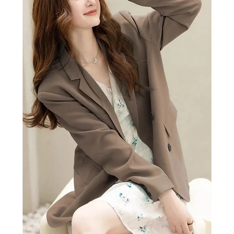 Korean Women Solid Color Suit Jacket Autumn Ladies Long Sleeves Blazer Coat 2024 Advanced Feeling Female Double-breasted Outwear