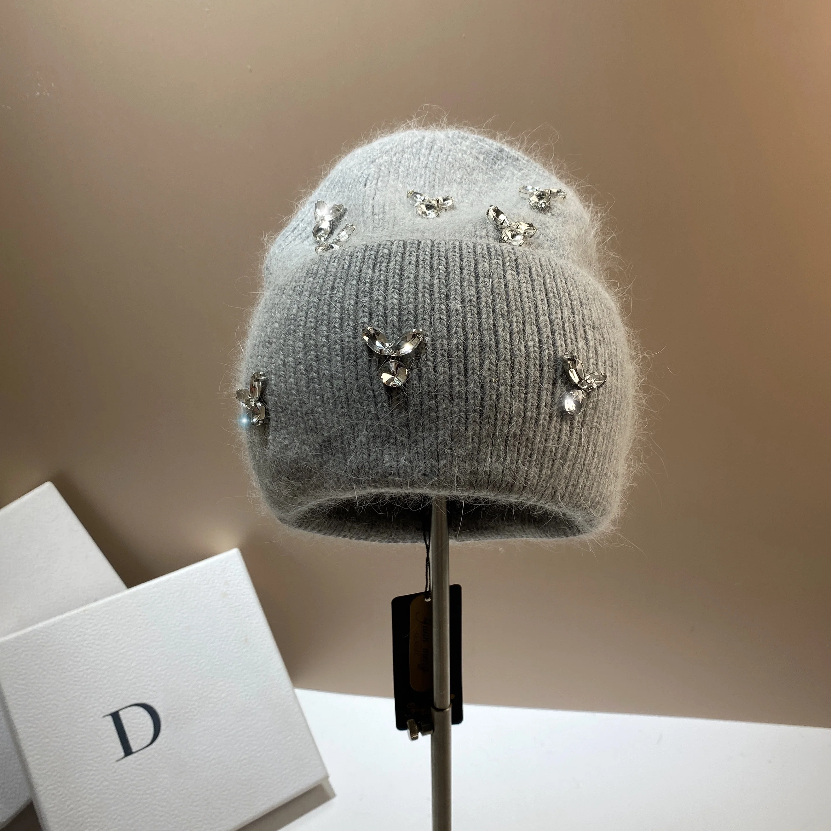 New Autumn and Winter Warm Water Diamond Rabbit Hair Knitted Hat Fashion Celebrity Style Age Reducing Ear Protection Hat