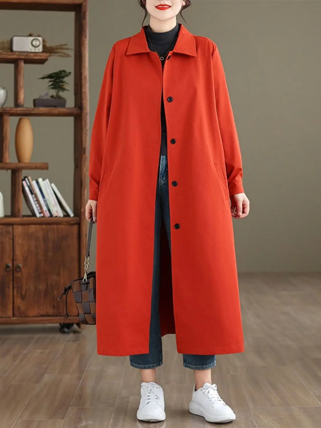 

Spring and Autumn New Women's Windbreaker Oversized Commuter Casual Long Polo Collar Windbreaker