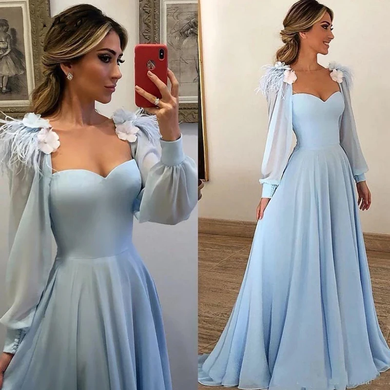 Blue Light Sky Blue Sweetheart Evening Dresses Puff  Sleeves 3D Flowers Feather A Line Prom Dress Party платье на выпускной 2022