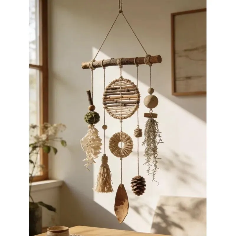 Handmade Country Style Wooden Branch Lace Flower Wall Hanging Natural Dried Flower Wind Chimes Home Art Decor