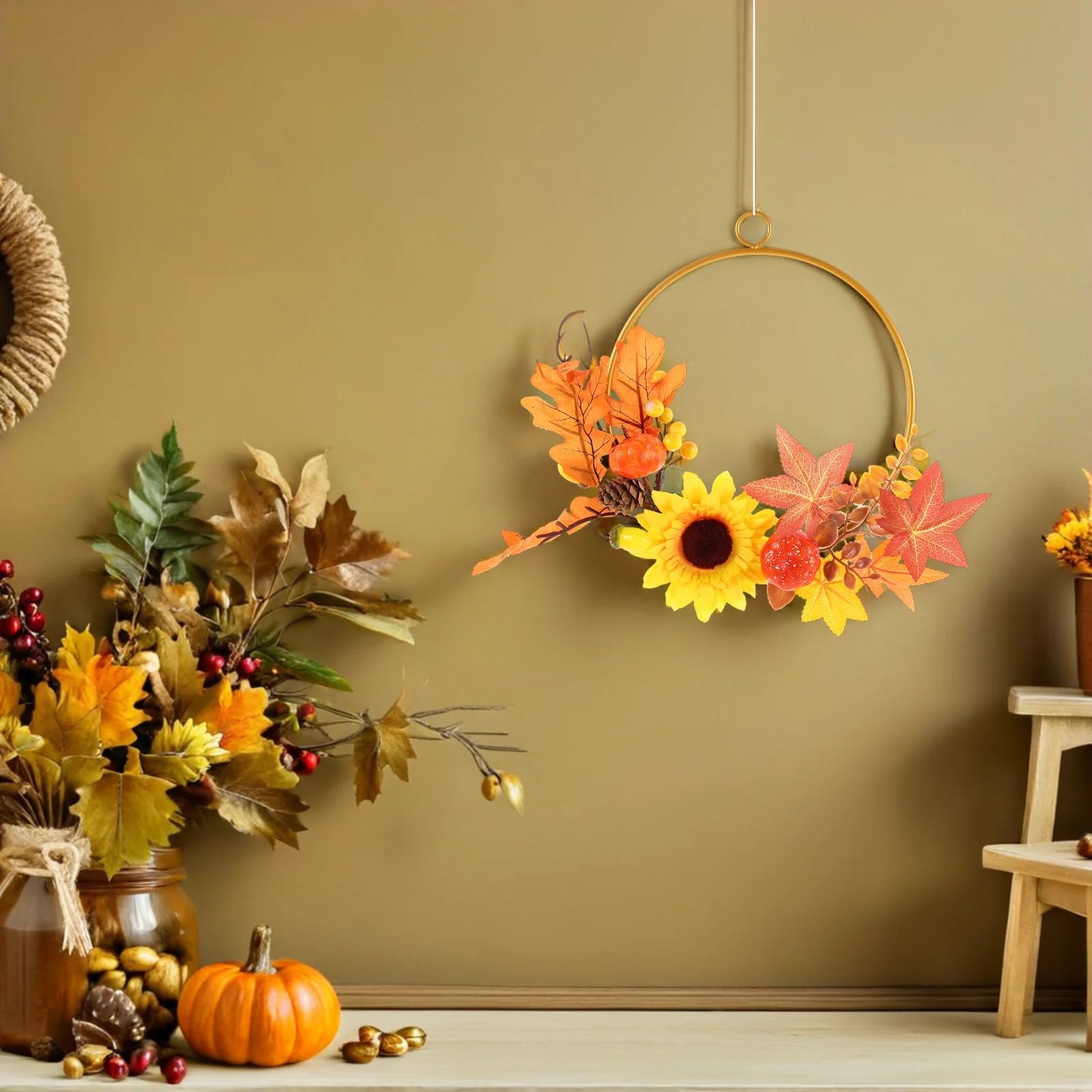 

Autumn Fall Wreath Pumpkin Faux Sunflower Maple Leaves Metal Hoop Front Door Harvest Thanksgiving Farmhouse Decor