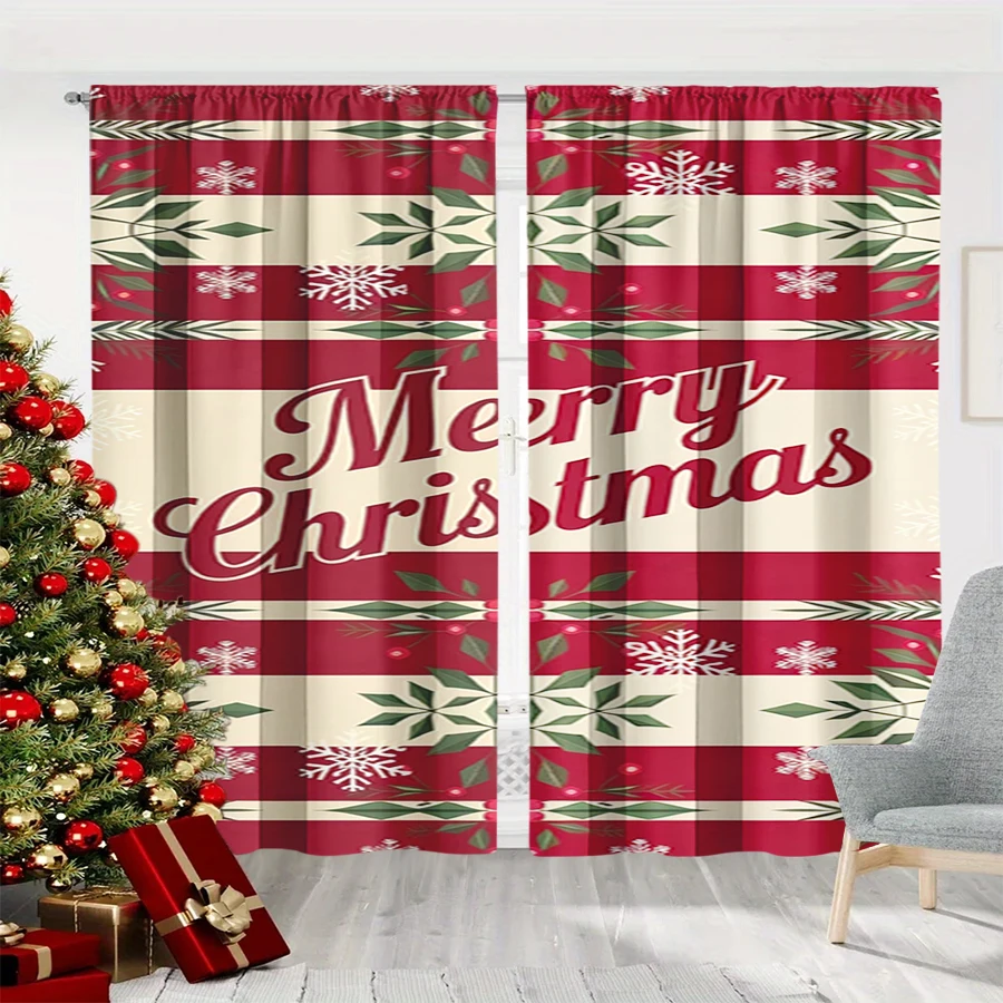 2PCS Digital Print Curtain, Red White Striped Merry Christmas with Snowflakes and Green Leaves, Vintage Style, for Bedroom Decor