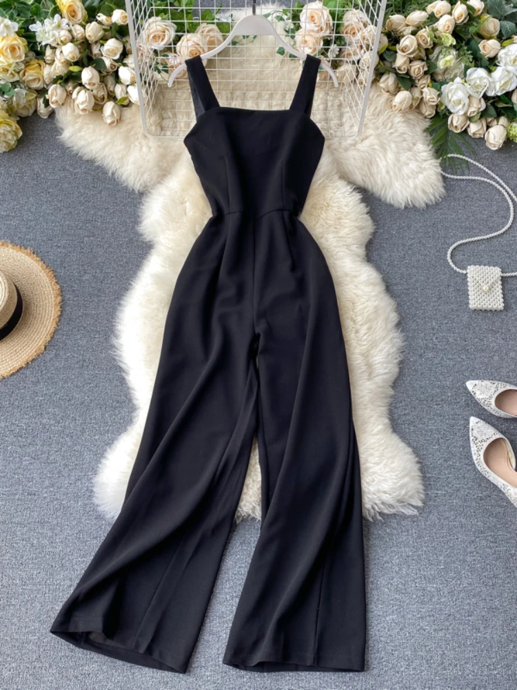 Women Black Rompers 2020 New Summer Sexy Backless High Waisted Straight Pants Jumpsuits Ladies Elegant Body Playsuits Overalls