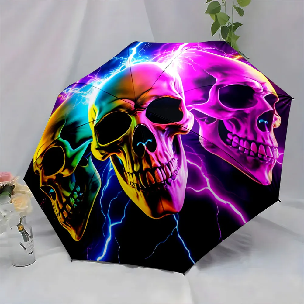 1PC Colorful Skull Design Umbrella with Lightning Accents Print 8 Iron Ribs Folding Umbrella Auto-Open Fashion Sunshade