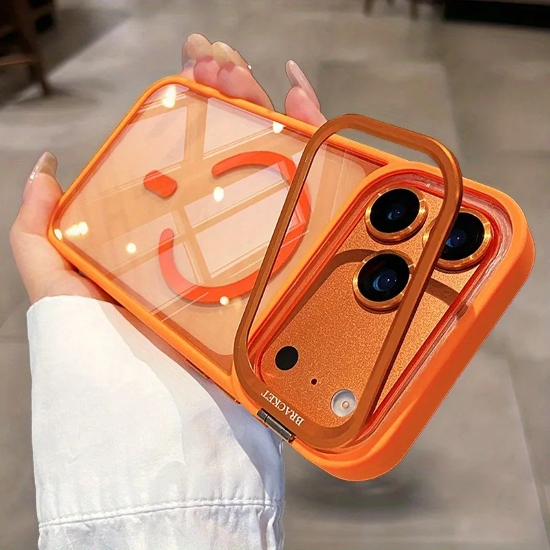 Capa de Celular Magnética Transparente de Luxo com Suporte e Proteção Capa de Lente para iPhone 17 16 15 14 13 Pro Max 16Pro 17Pro