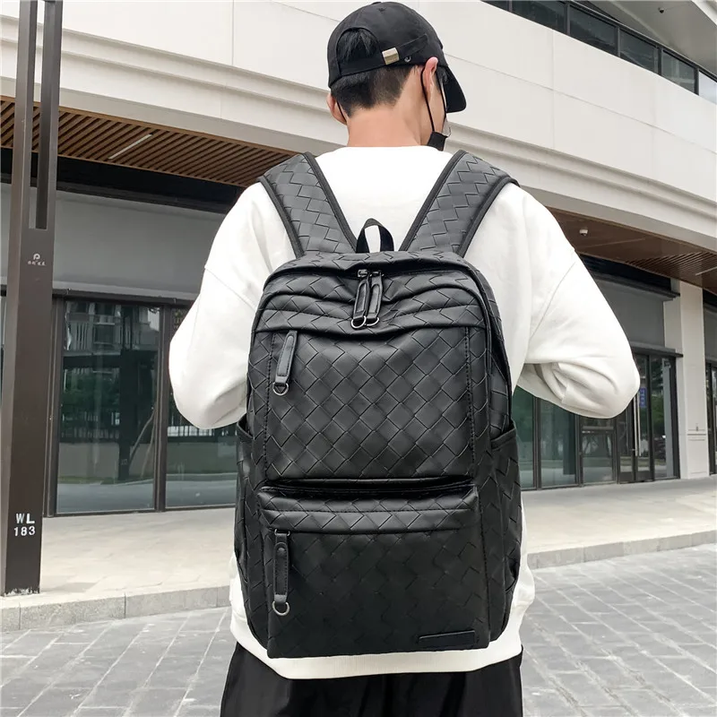 Korean Casual Pu Leather Woven Backpack Large Capacity Men\'s Fashion Student Schoolbag Laptop Bags Versatile Leisure Travel Bag