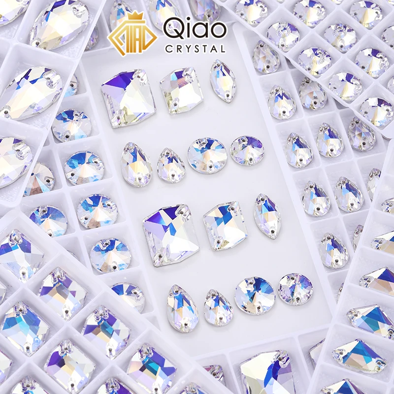 QIAO Mondschatten-Kristallglas-Aufnähsteine, flache Steine für DIY-Bastelarbeiten, Hochzeitskleid-Dekoration, Handarbeiten – Detail 1