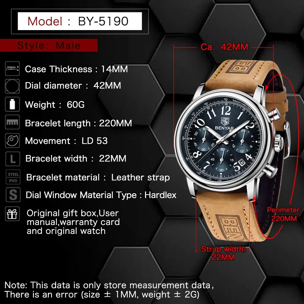 BENYAR New Sports Men Watch 50ATM Waterproof Leather Military Watches Top Brand Luxury Men Quartz Wristwatches Reloj Hombre