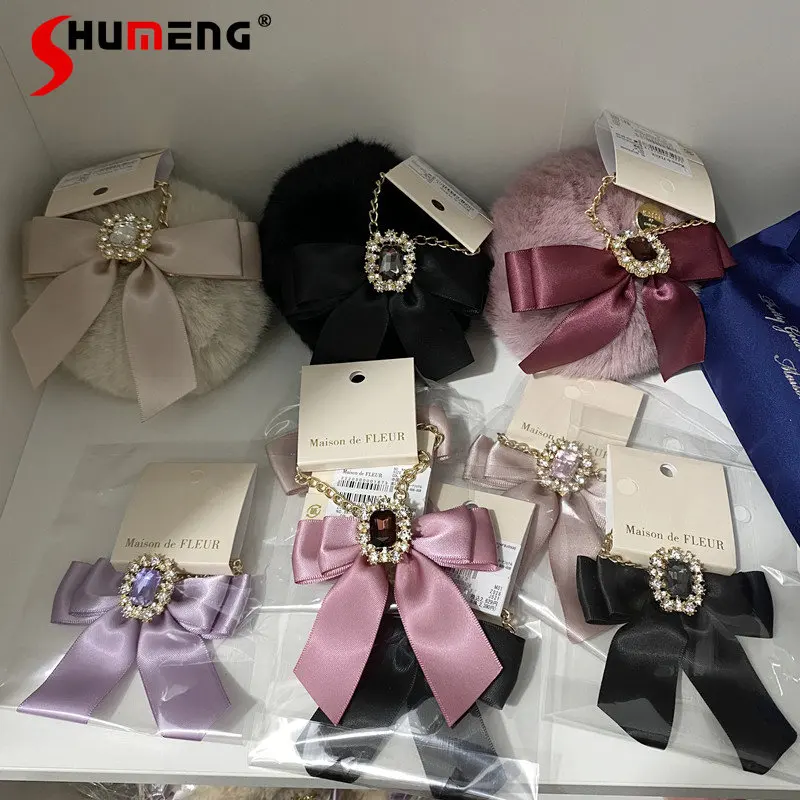 Japanese Style Cute Wiman Accessories Bow Metal Chain Pendant 2023 New Sweet Pink Small Bowknot Diamond Package Pendant Ornament