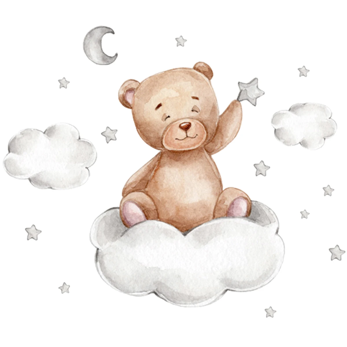 Cartoon Cute Bear Wall Stickers Bear Clouds Moon and Star Wall Decals Peel and Stick Wall Sticker Mural Self-Adhesive Wall Decal