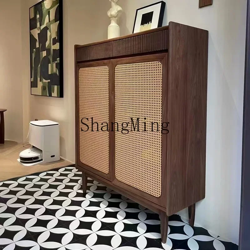 SM new Chinese rattan shoe cabinet wabi-sandy wind door cabinet Zen medieval furniture