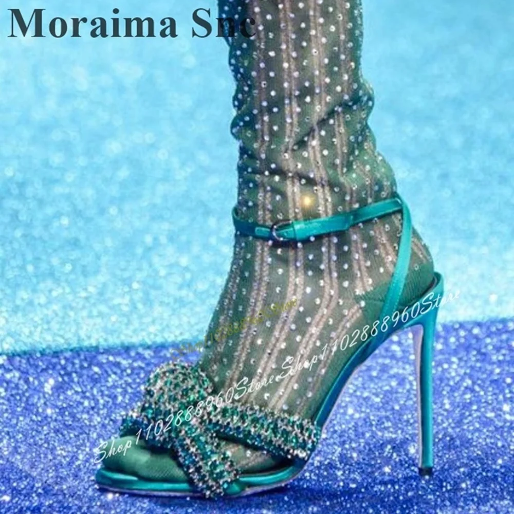 Bling Green Crystal String Beads Bowknot Sandals Thin High Heel Women Shoes Ankle Buckle Strap Open Toe Cawalk Women Sandals
