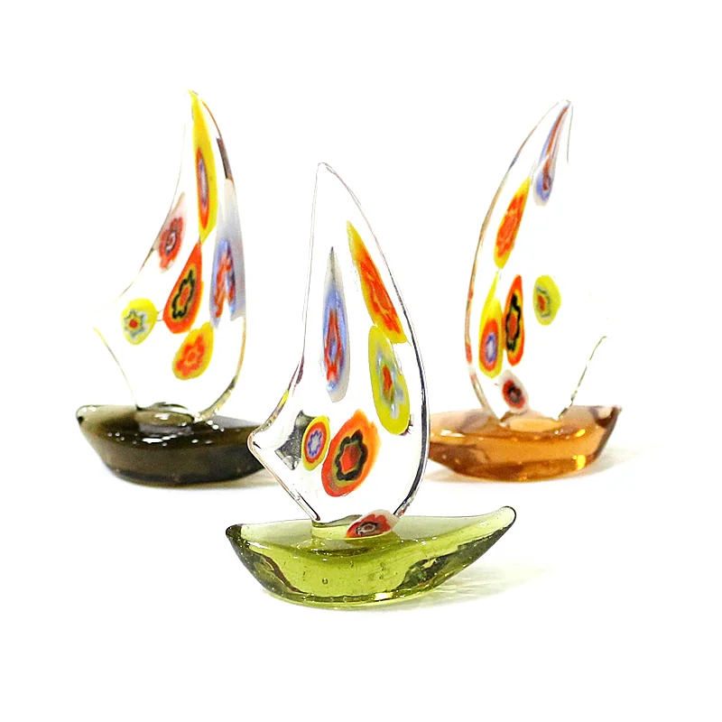 Murano Glass Sailboat Model Ornaments Cute Boat Miniature Figurine Home Desk Room Decor Collection Holiday Party Gifts for Kids