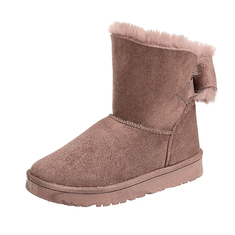 Ladies Snow Boots Elegant with Low Female Shoes Heels Suede Half High Mid Calf Round Toe Pink Anti Slip Trend 2024 Furry Gyaru