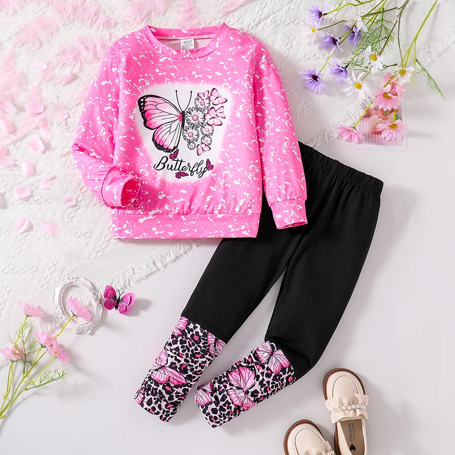 Kinder-Mode für Frühling und Herbst, 2-teiliges Set mit Schmetterlingsdruck, rosa Rundhals-Langarmhemd, schwarze, schmale Stretch-Hose