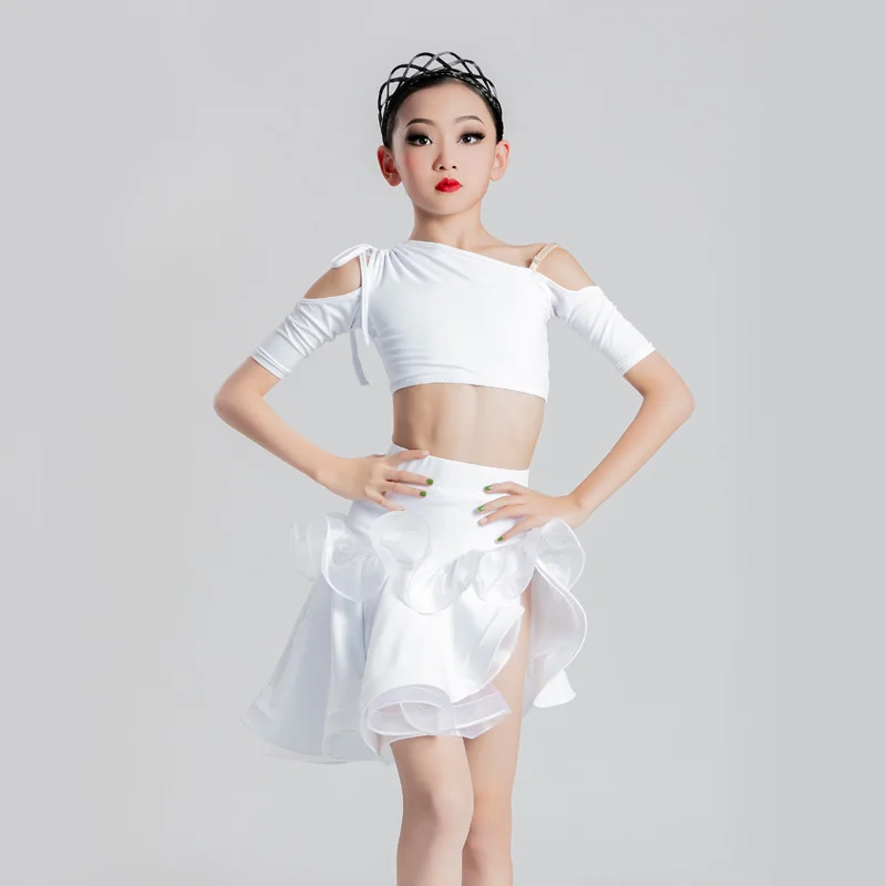 

Latin Dance Clothes For Girls Off-Shoulder Tops Short Skirt Kids ChaCha Dancer Outfit Rumba Samba Competition Costume Suit YS309