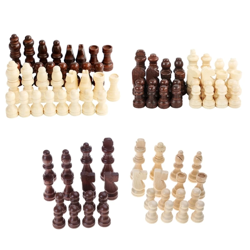 YD61 32 Pcs Wooden International Chess Pieces Hand Carved Chess Game Pawns Figurine Pieces Chess Board Accessories Durable