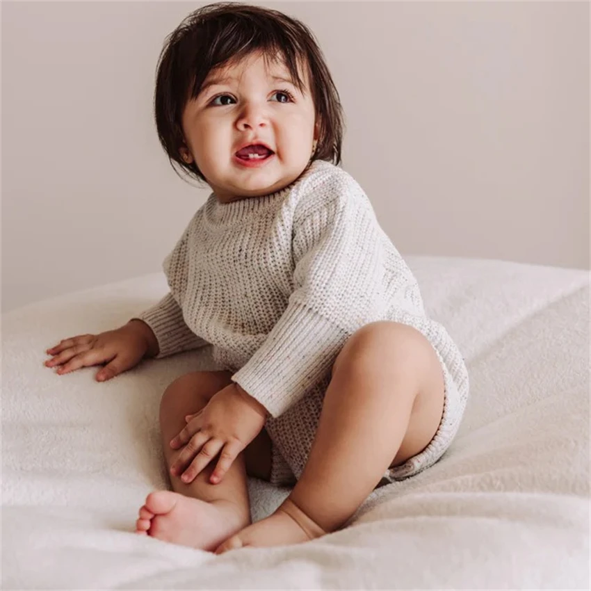 

Baby Toddler Basic Chunky Knit Onesie Neutral Speckled Romper Infants Spring Autumn Sweater Jumpsuit