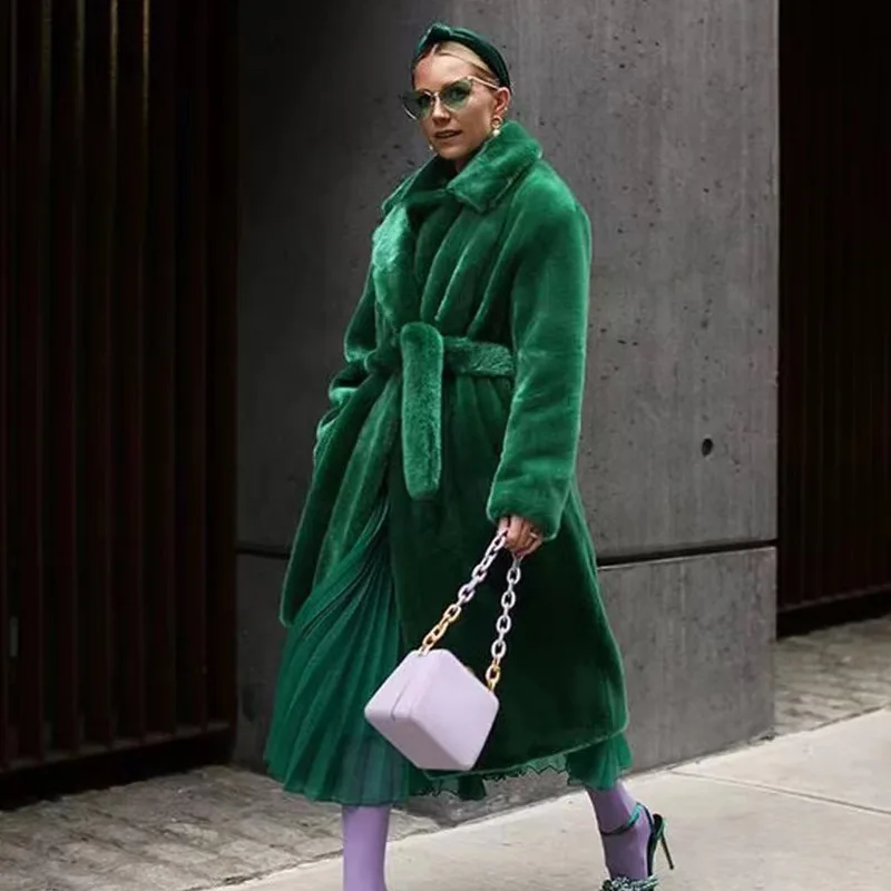 

Long Belted Faux Fur Coat Notched Collar Women's Fluffy Fur Jacket with Belt Loose Plush Coats Black Winter Warm Furry Overcoat