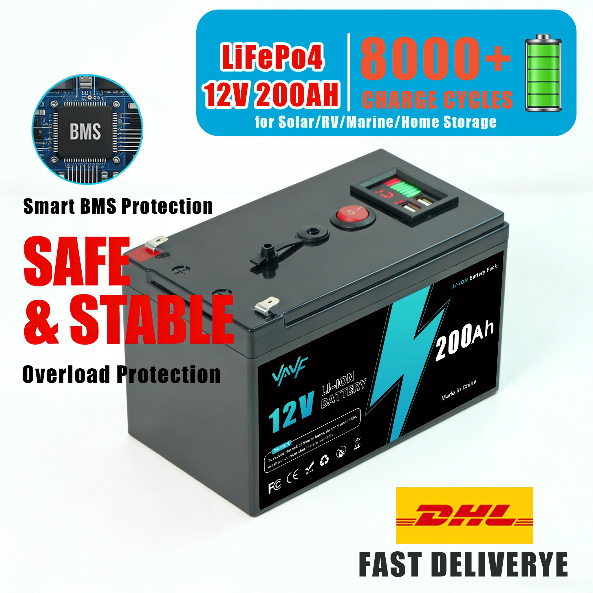 

Литиевый ⚡️ Аккумулятор ☄️ Солнечная батарея LiFePO4 12 В, 200 Ач с усовершенствованной системой управления (BMS) для резервного питания солнечной батареи и автофургонов