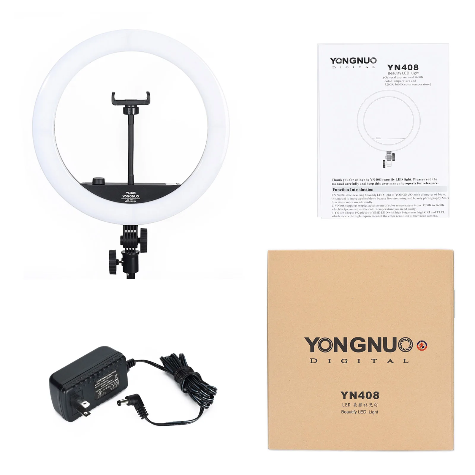 YONGNUO YN408 LED حلقة الفيديو ضوء 208 المصابيح ثنائية اللون 3200-5600k عكس الضوء لايف تيار التصوير مصباح الإضاءة مع محول