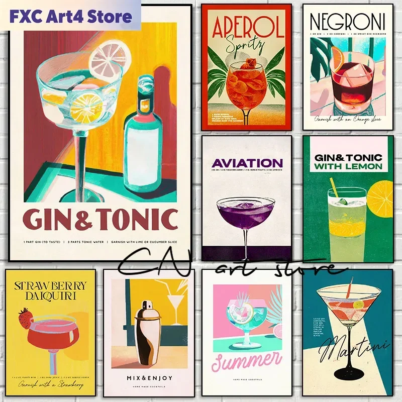 Póster de Arte Vintage sin Marco para Cocina, con Diseño de Bebidas Mojito, Aperol, Gin y Tonic, Limón, Impresión en Lienzo, Cuadro Decorativo para Bar o Cafetería