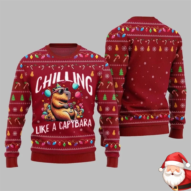 

Рождественский уродливый свитшот Chilling Like A Capybara 2025 для мужчин, 3D принт, карамельный узор снежинки, рождественский свитер, детский популярный