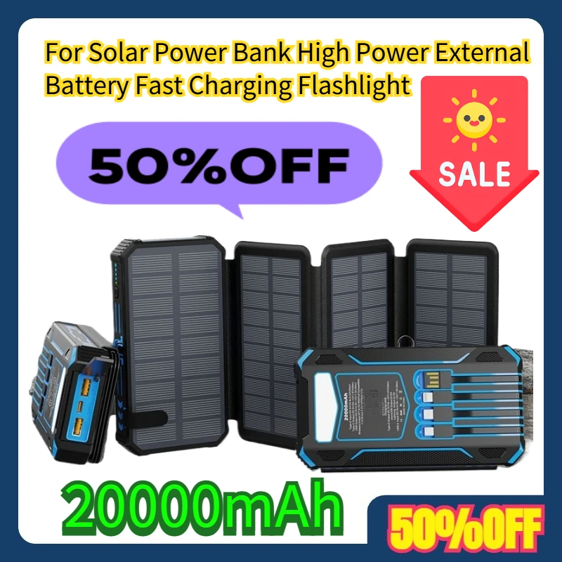 Powerbank solarny 20000mAh, bateria zewnętrzna o dużej mocy, szybkie ładowanie, latarka