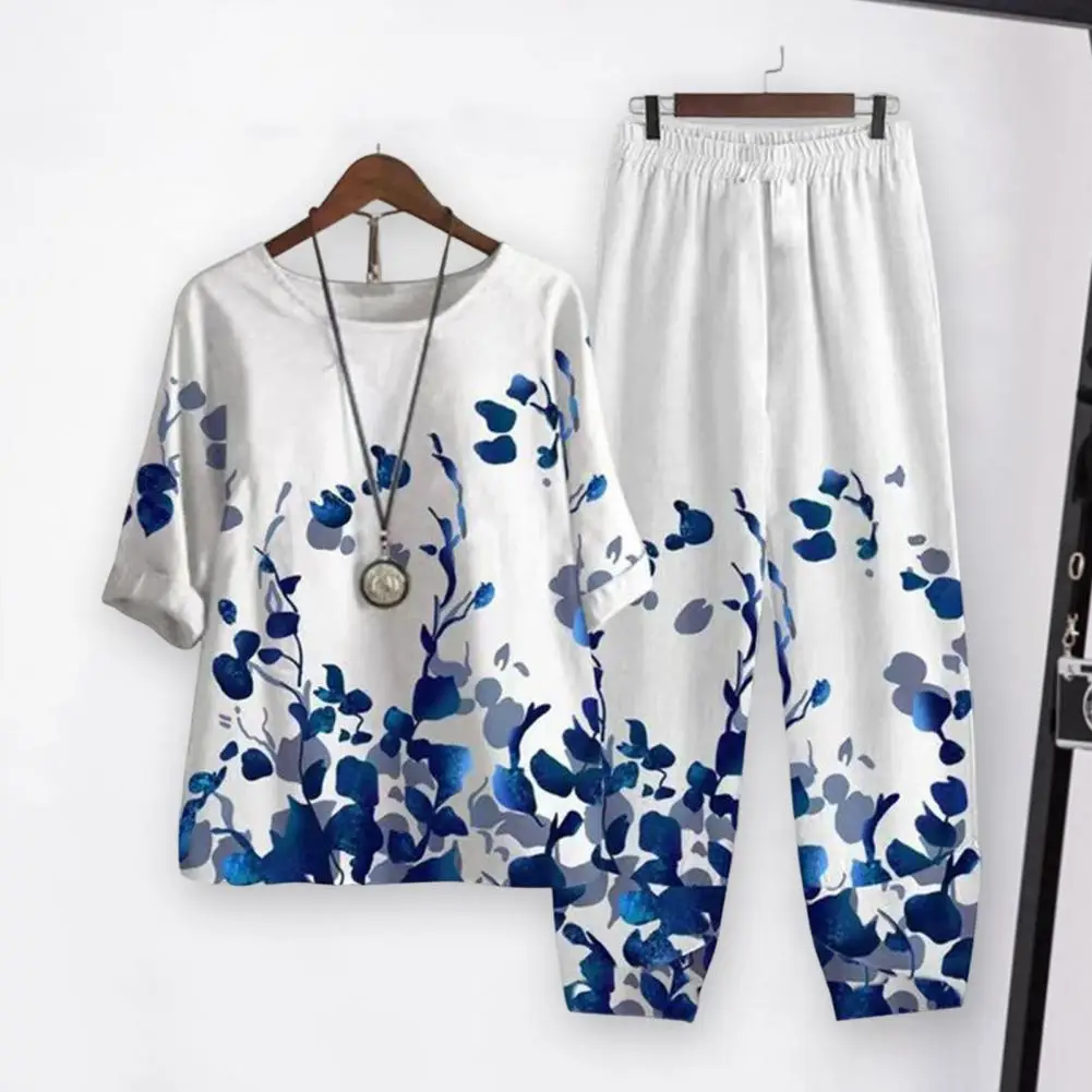 

2Pcs/Set Fashion Loose Outfit Elastic Waistband Workwear Skin-touching Women Colorful Floral Print Wide Leg Outfit